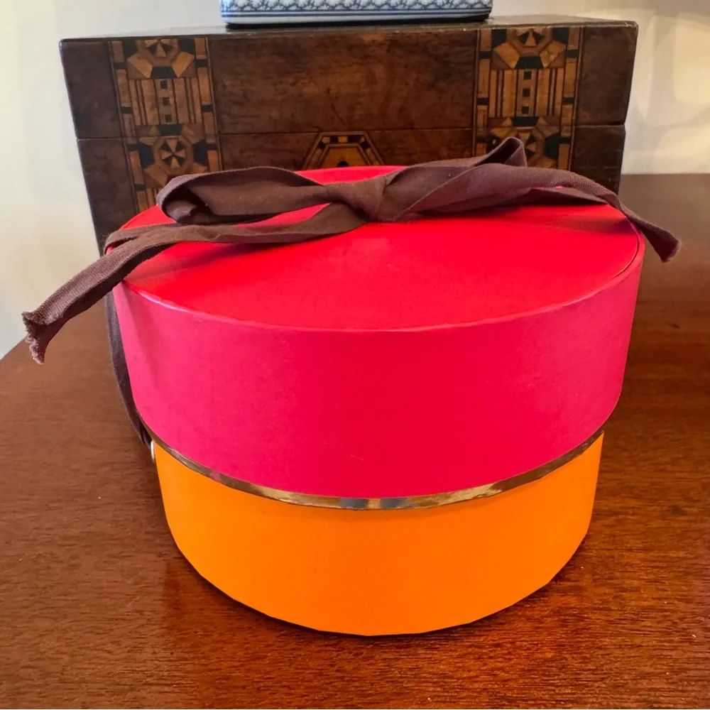 Kate Spade Round Jewelry Keepsake Box Pink Orange Ribbon